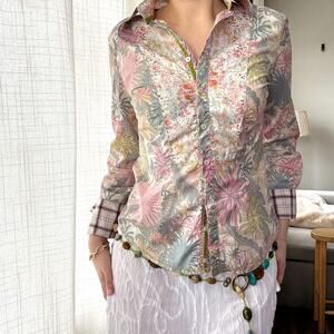 Georg Roth Women's Floral Print Button Down 100% Cotton Plaid Flip Cuff Size XS